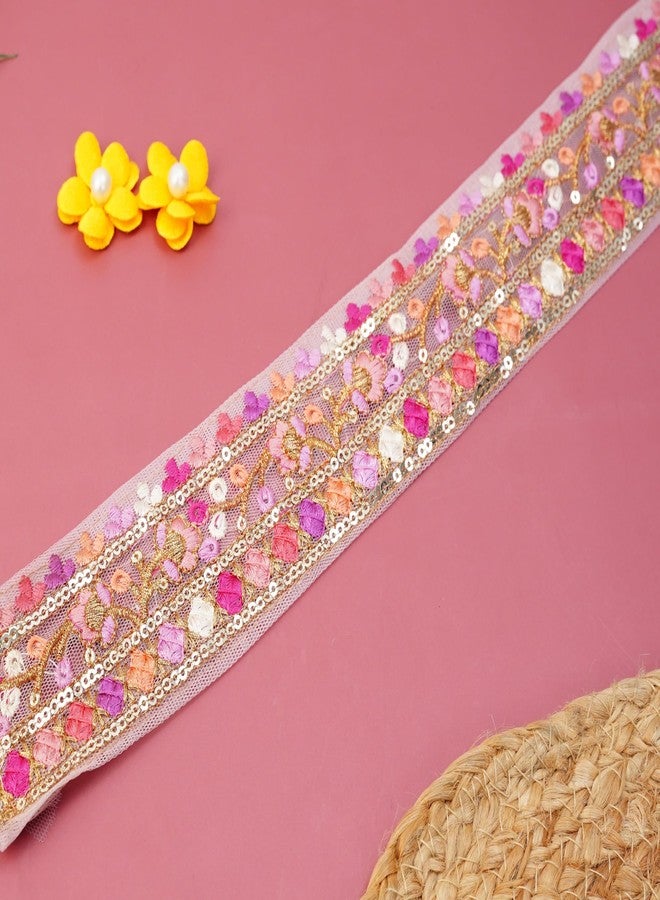 DaSync دانتيل وردي من داسينك، مطرز بتطريزات زهرية، مناسب للساري والبلوزات والأوشحة المتعددة، وفساتين النساء، والبدلات، والتنانير، والفساتين القصيرة، والشالات، والحرف اليدوية، بطول 9 أمتار. - Image 4